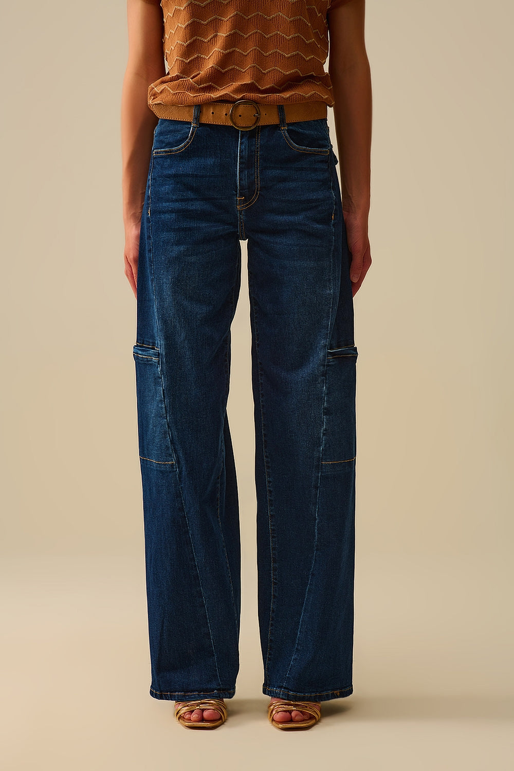 Q2 Jeans taille haute à jambes larges avec poches latérales