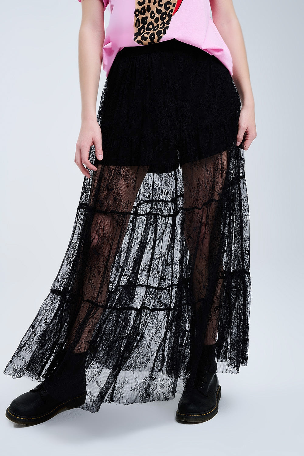Q2 Jupe longue en dentelle noire à imprimé floral