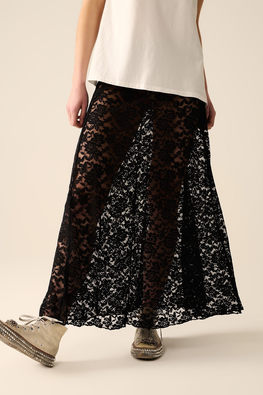 Q2 jupe longue en dentelle noire tendance