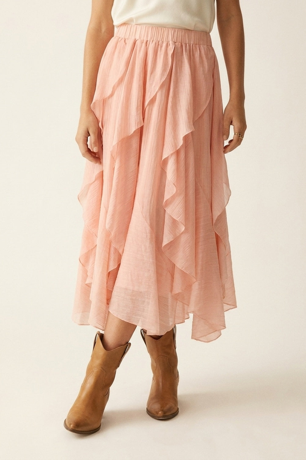 Q2 Jupe midi asymétrique à volants en tissu léger rose
