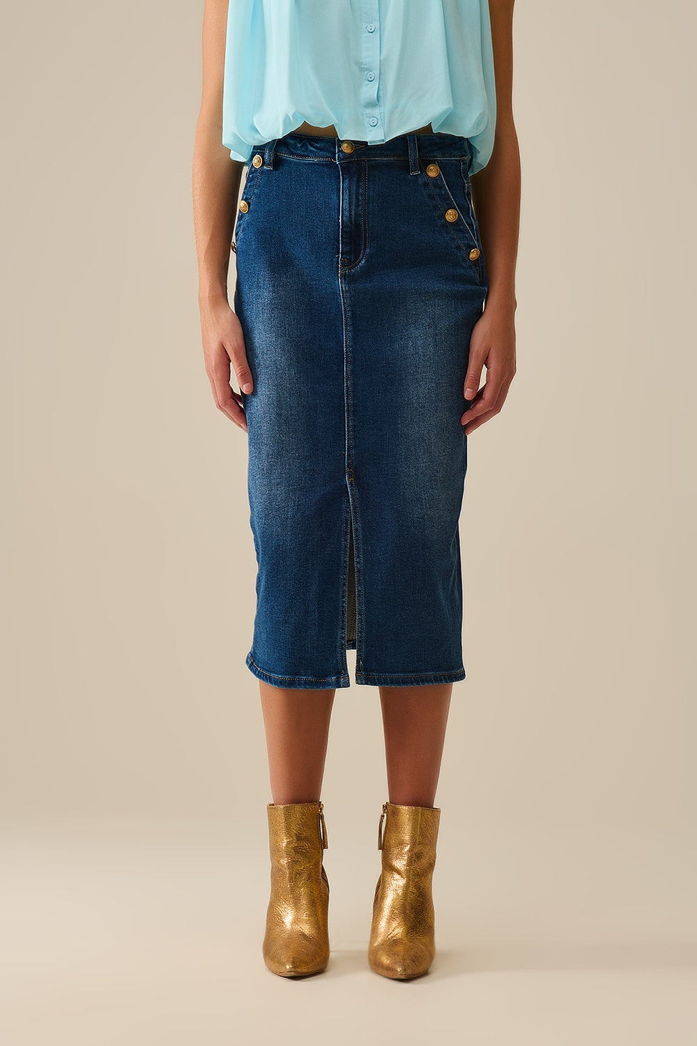 Q2 Jupe midi en denim extensible avec boutons dorés
