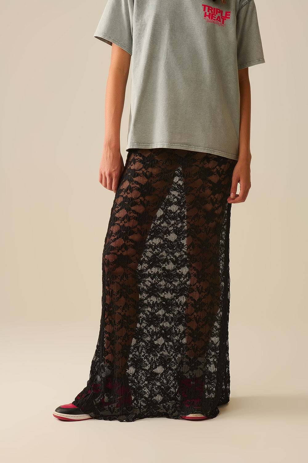 Q2 Longue jupe noire transparente de style bohémien