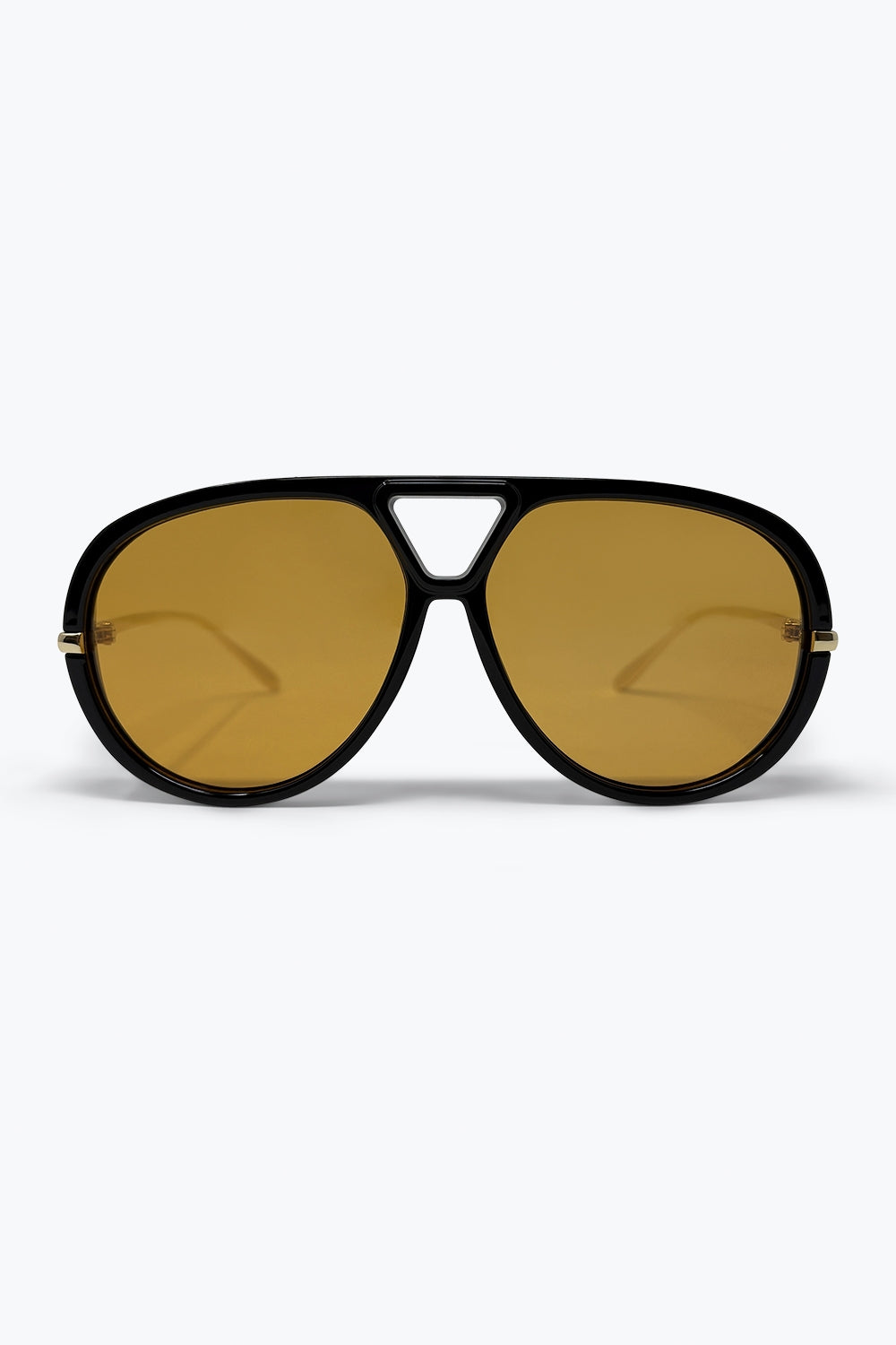Q2 Lunettes de soleil noires à monture aviateur oversize avec bordure dorée et verres ambrés