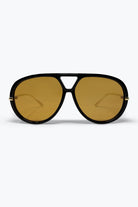 Q2 Lunettes de soleil noires à monture aviateur oversize avec bordure dorée et verres ambrés