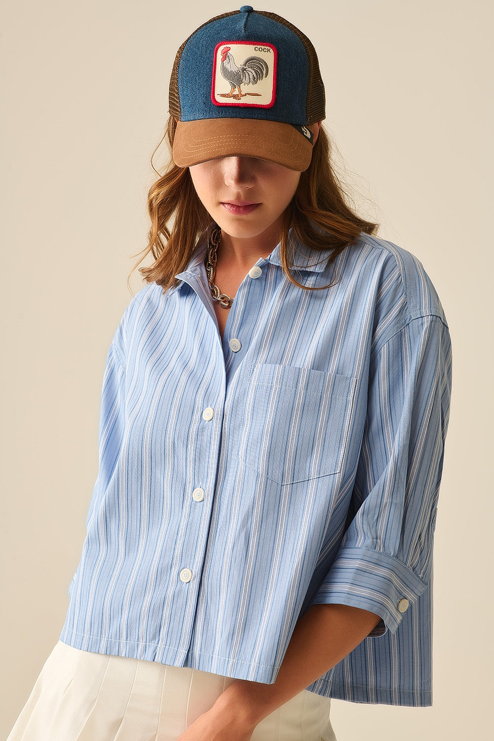 Q2 oversized Cropped Striped Shirt in Blue