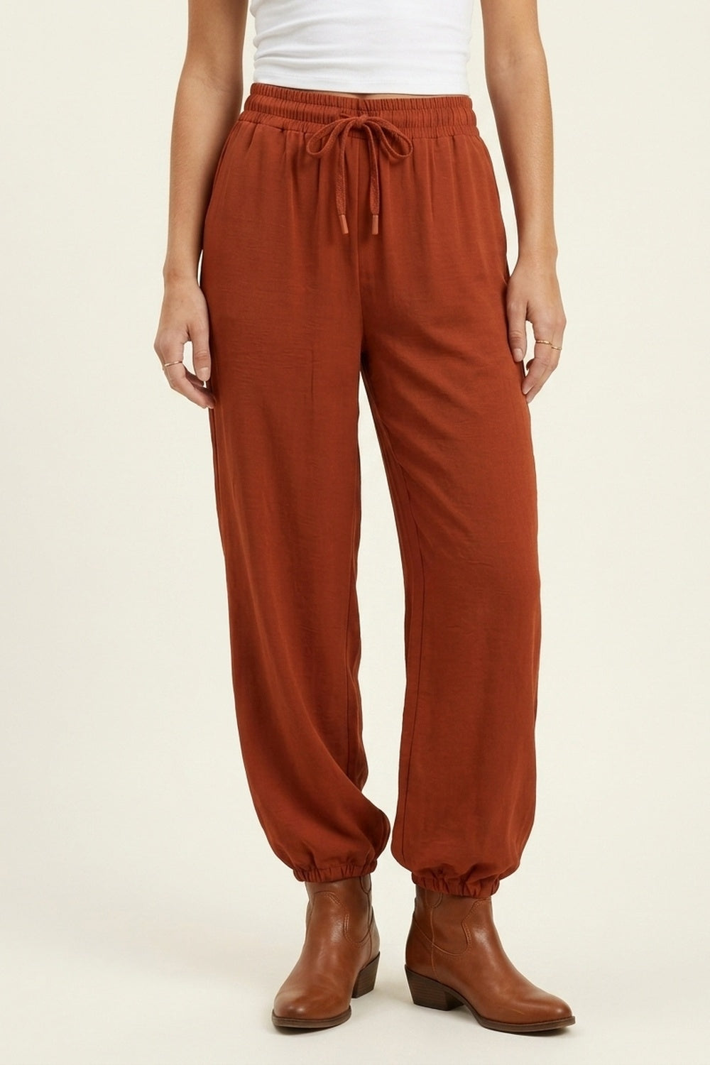 Q2 pantalon décontracté à taille coulissante avec jambes larges en terre cuite