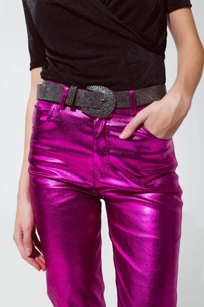 Pantalon droit métallisé Fuchsia 