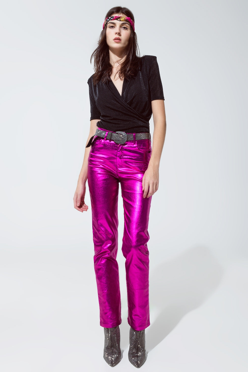 Pantalon droit métallisé Fuchsia 