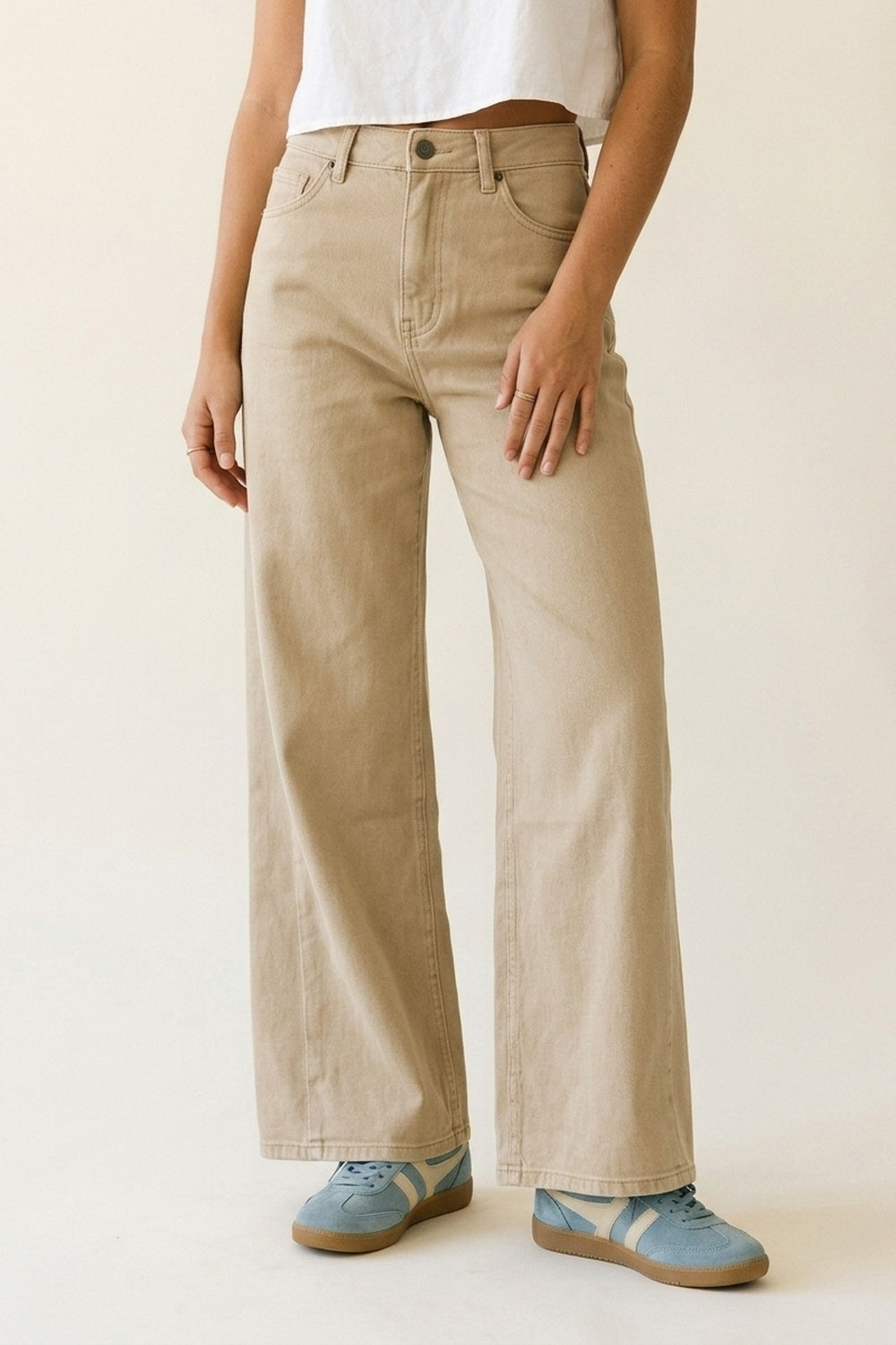 Q2 Pantalon large décontracté beige en coton avec 5 poches