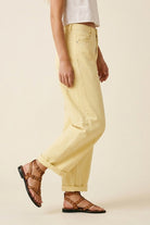 Q2 Pantalon large en coton jaune clair avec couture latérale