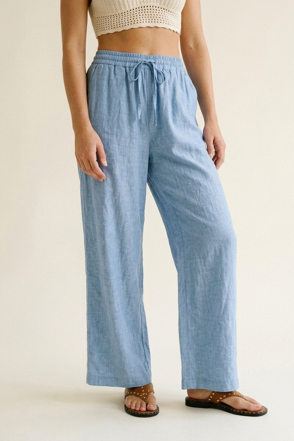 Q2 Pantalon Large Léger Bleu Clair Froissé avec Taille Élastique