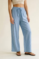 Q2 Pantalon Large Léger Bleu Clair Froissé avec Taille Élastique
