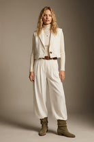 Q2 Pantalon large plissé avec ceinture en tissu léger tissé en blanc
