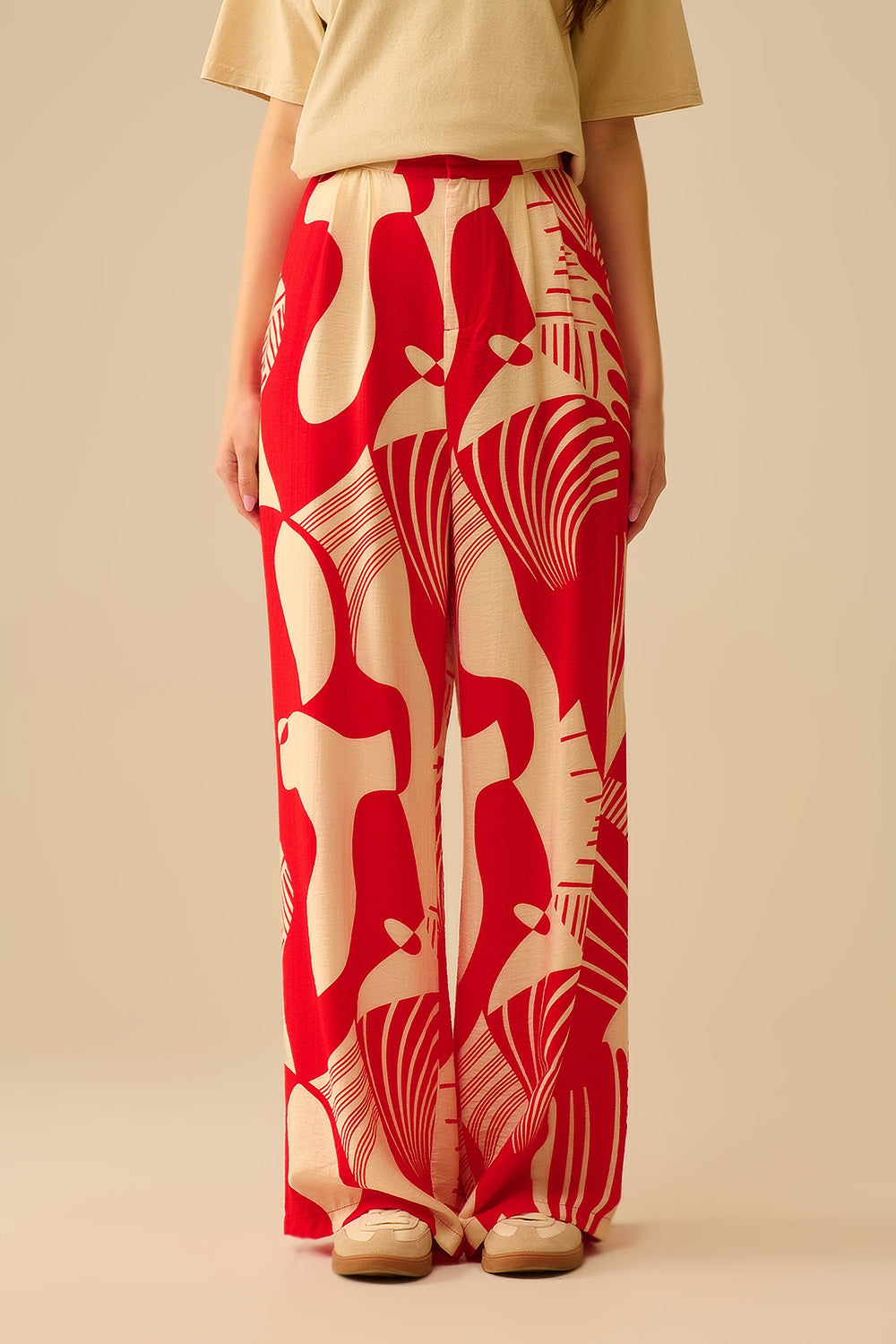 Q2 Pantalon large rouge à imprimé abstrait