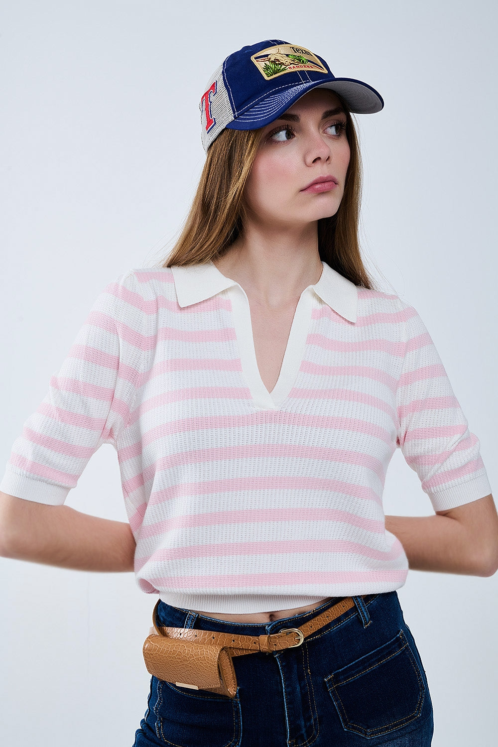 Q2 Polo blanc à rayures roses