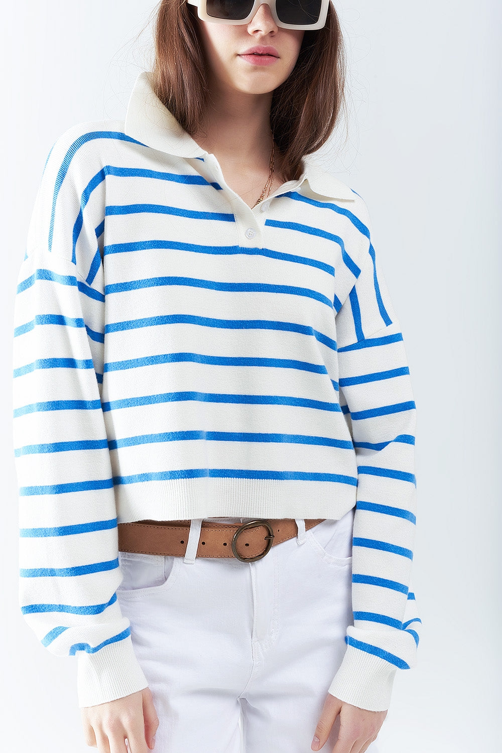 Q2 polo en tricot doux à rayures bleues