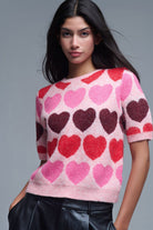 Q2 Pull à manches courtes en forme de cœur imprimé en rose