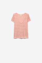 Q2 pull à manches courtes en maille fine à chevrons rose pâle avec col en V