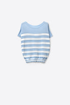 Q2 Pull à manches courtes en tricot rayé bleu clair