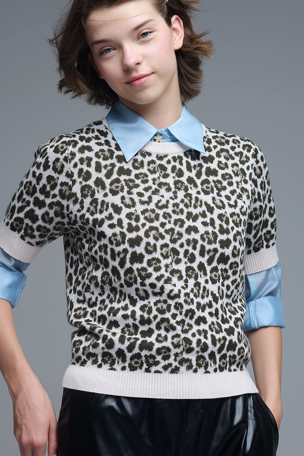 Q2 Pull chic à manches courtes imprimé léopard