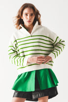 Q2 Pull rayé à col zippé en vert