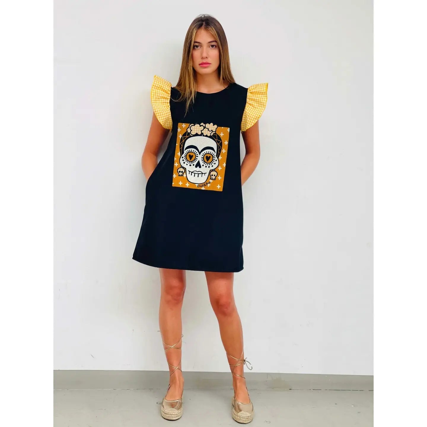 Robe à manches noires Thalia Vichy jaune - La boutique de Nannye