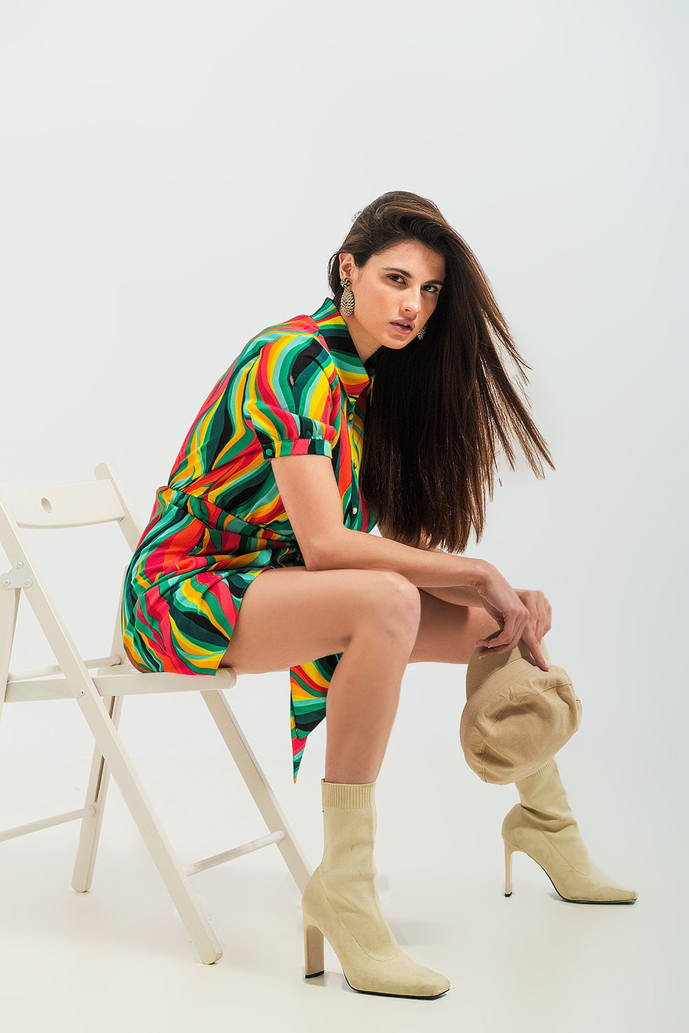 Q2 Robe chemise portefeuille courte à imprimé tourbillon vert