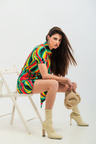 Q2 Robe chemise portefeuille courte à imprimé tourbillon vert