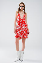 Q2 Robe courte rouge à imprimé fleuri Boho avec détails en lurex