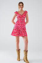 Q2 Robe courte rouge à imprimé floral blanc et taille élastique