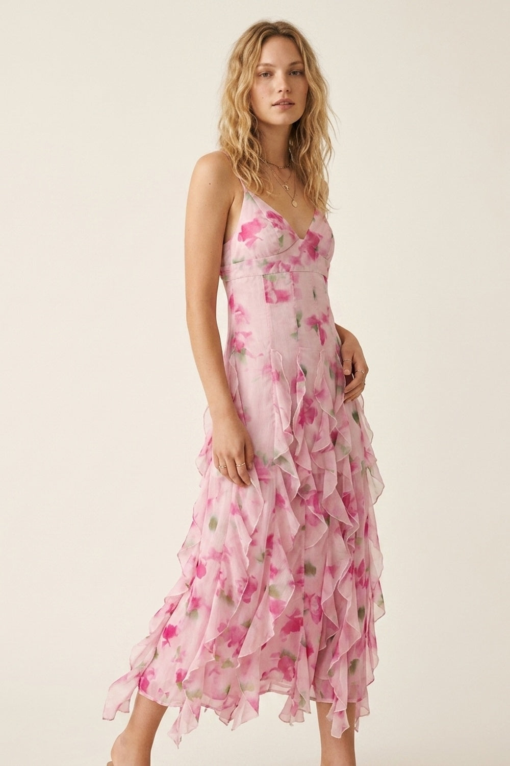 Q2 Robe de bal maxi florale blanche et rose avec volants