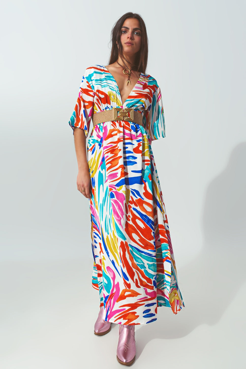 Q2 Robe Longue à Col en V et Imprimé Multicolore