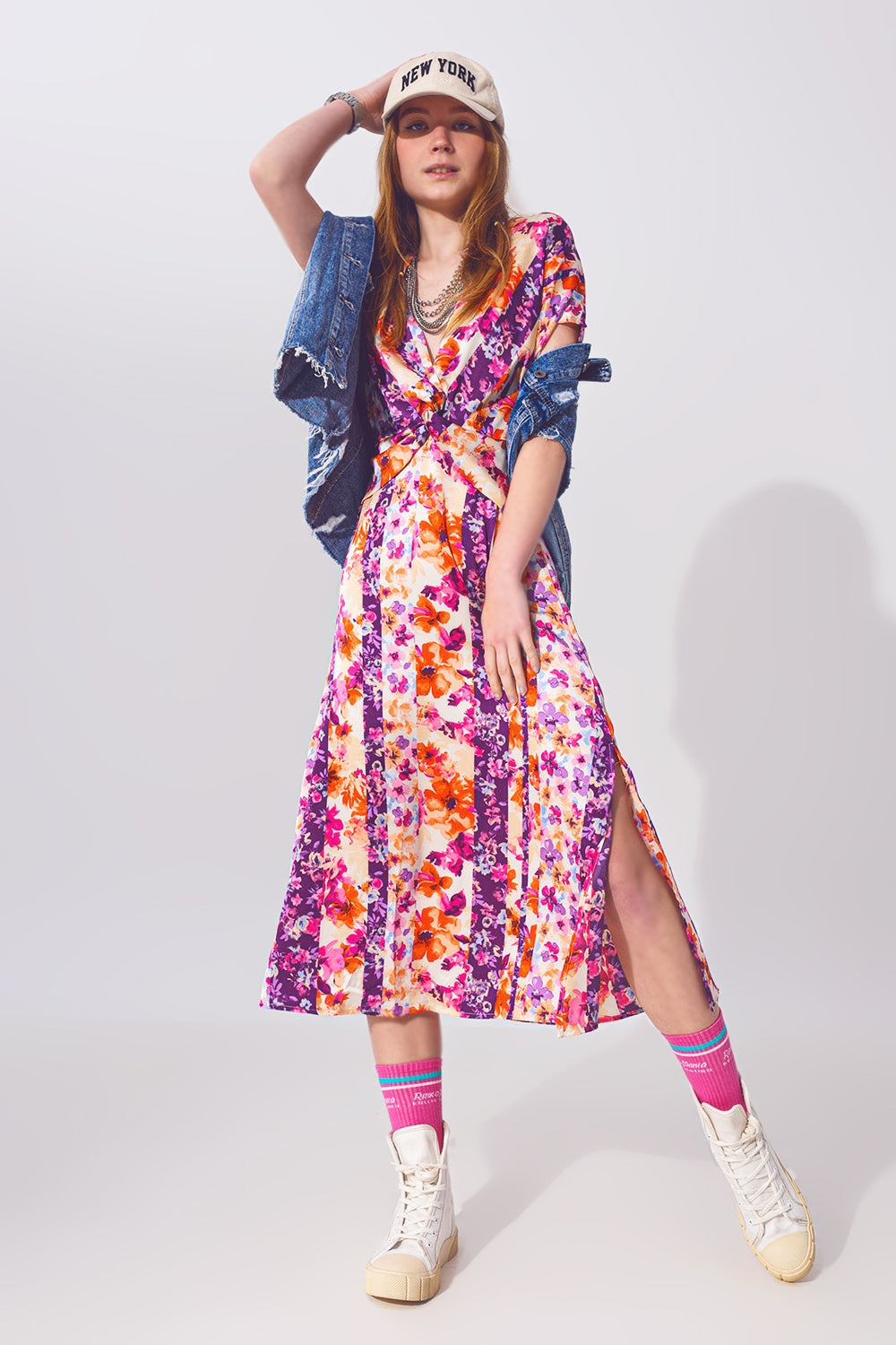 Q2 Robe longue à nœuds sur le devant imprimé fleurs en multicolore