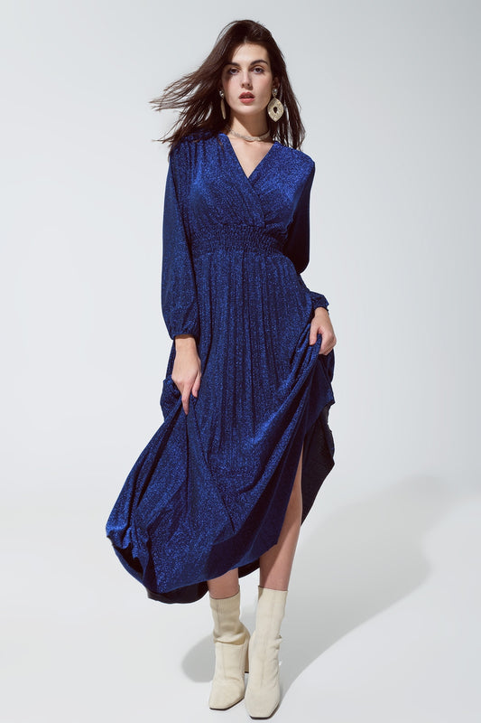 Robe Longue Ajustée à Taille Haute avec Col V Bleu Brillant : L'Élégance Parfaite pour Vos Soirées 