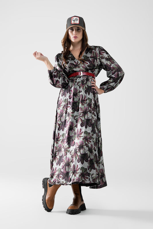 Q2 robe longue avec imprimé floral à effet métallique