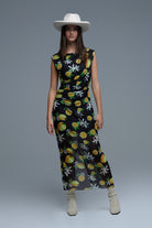 Q2 Robe longue en tulle noir avec volant sur le côté en imprimé jaune citron