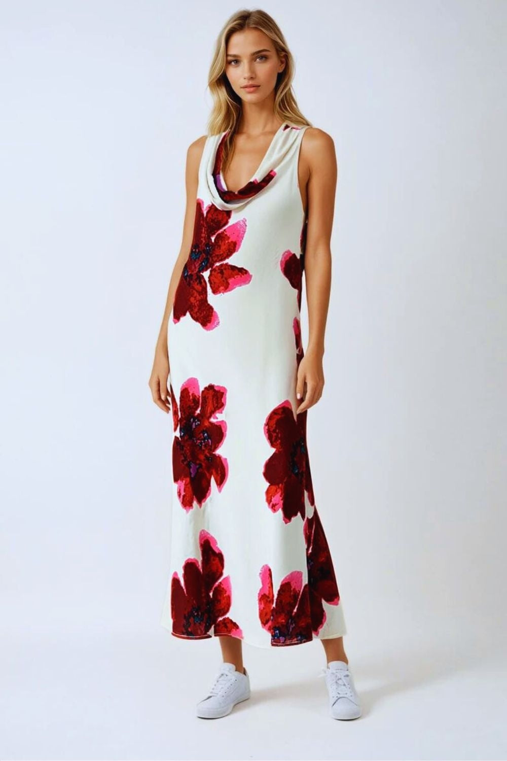 Q2 Robe longue fluide sans manches à imprimé floral