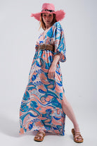 Q2 Robe longue froncée avec rubans à nouer au dos bleu
