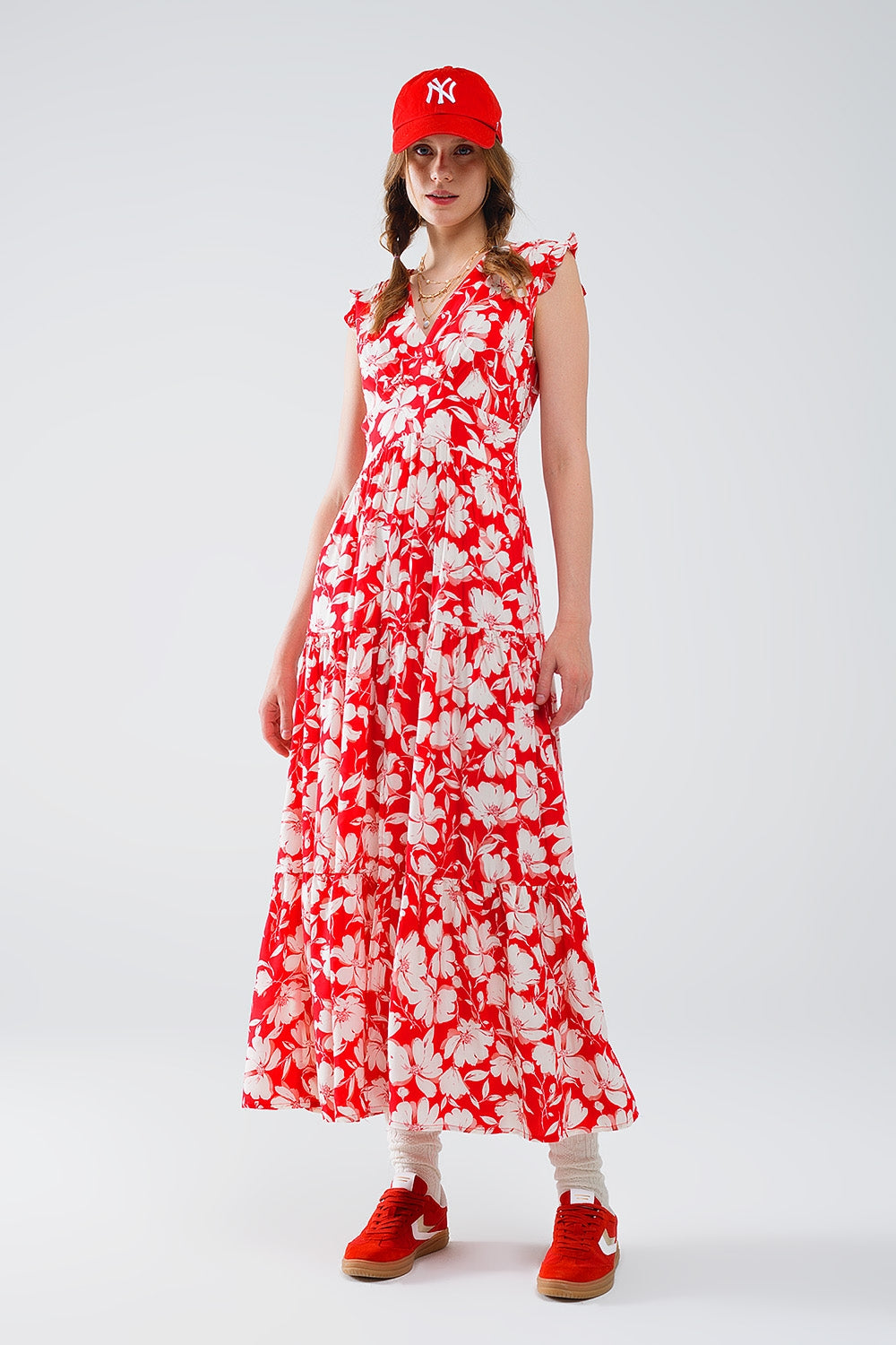 Q2 Robe longue rouge à imprimé floral et col en V