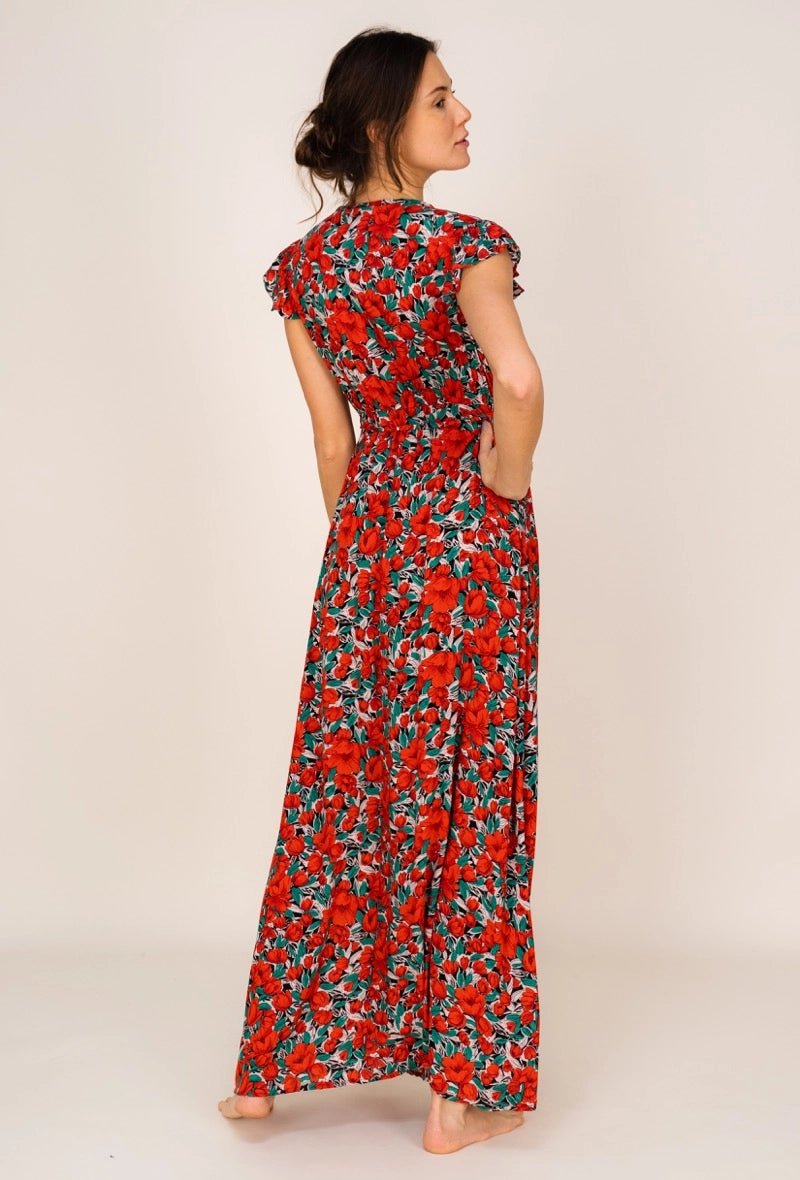 Robe Longue Rouge Fleurie Andrea - Fraîcheur et Féminité - La boutique de Nannye