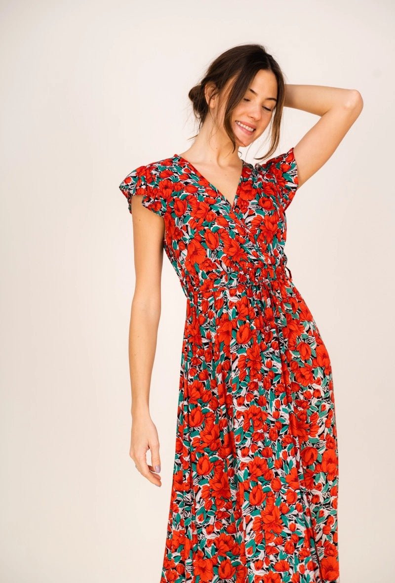 Robe Longue Rouge Fleurie Andrea - Fraîcheur et Féminité - La boutique de Nannye