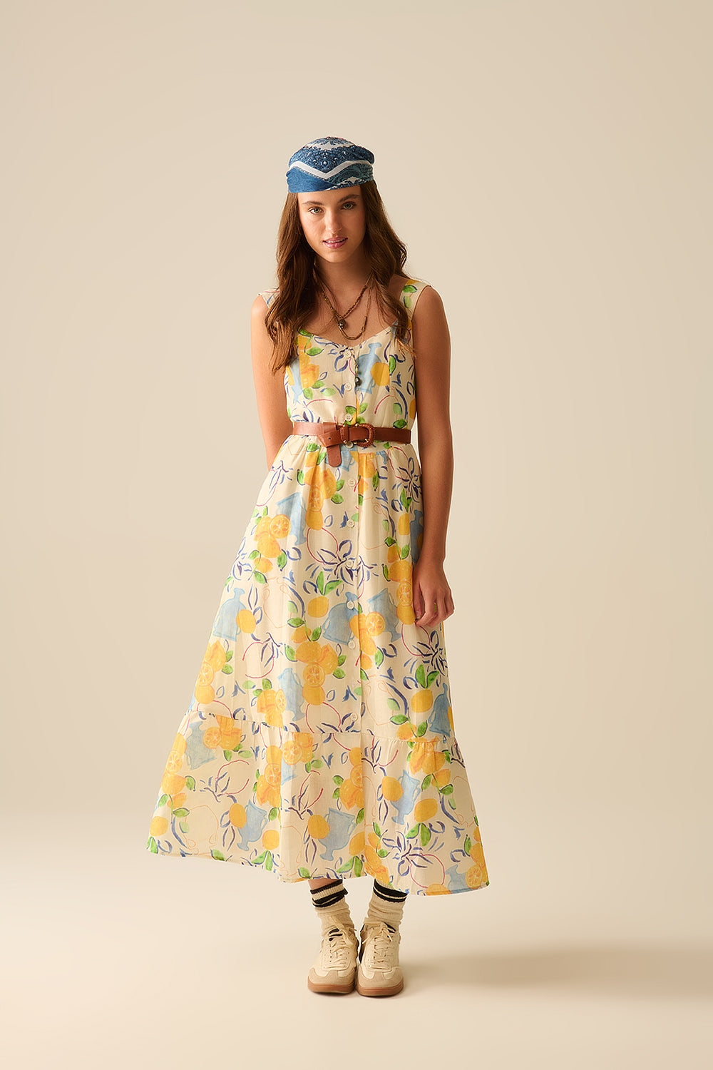 Q2 robe maxi blanche sans bretelles avec imprimé citron