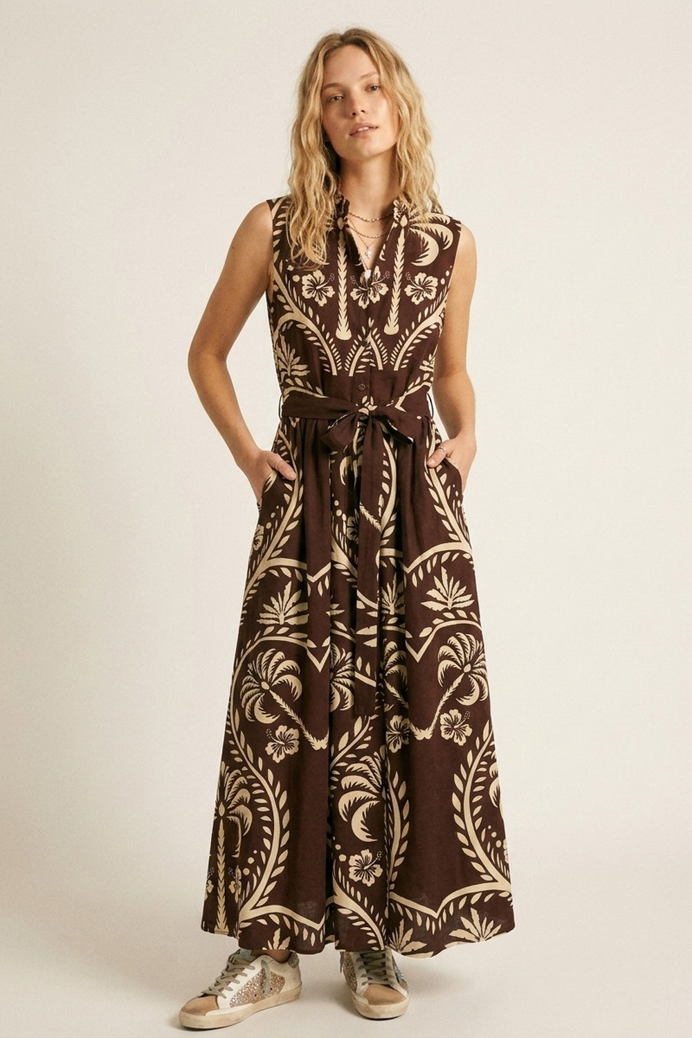 Q2 Robe Maxi Imprimée Marron avec Taille Ceinturée