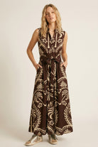 Q2 Robe Maxi Imprimée Marron avec Taille Ceinturée