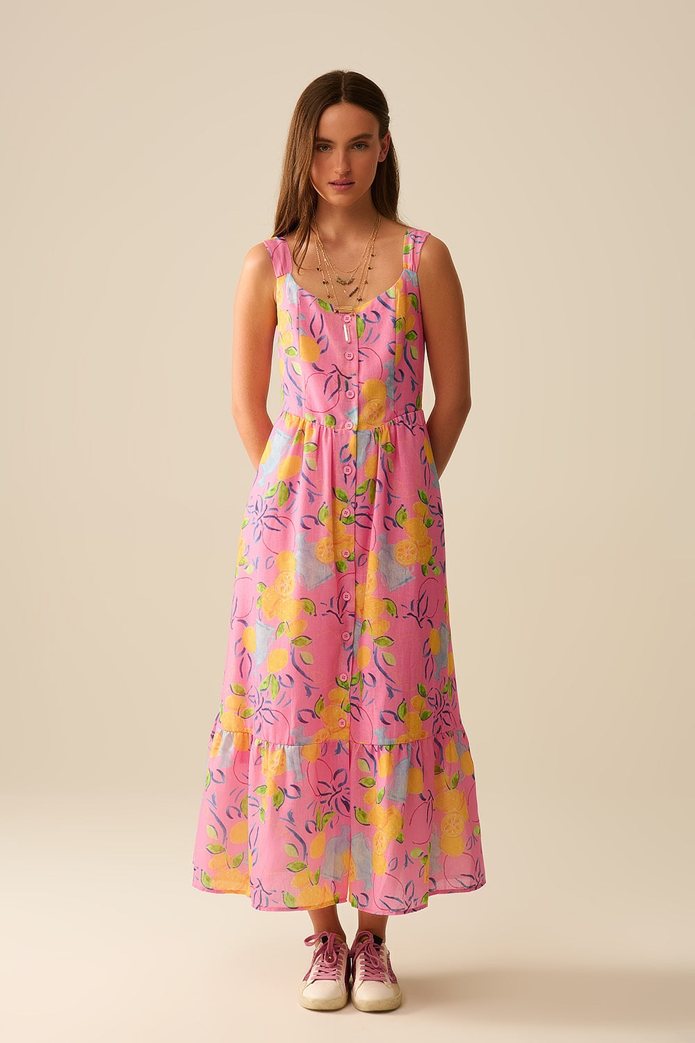 Q2 Robe maxi rose sans manches avec imprimé citron