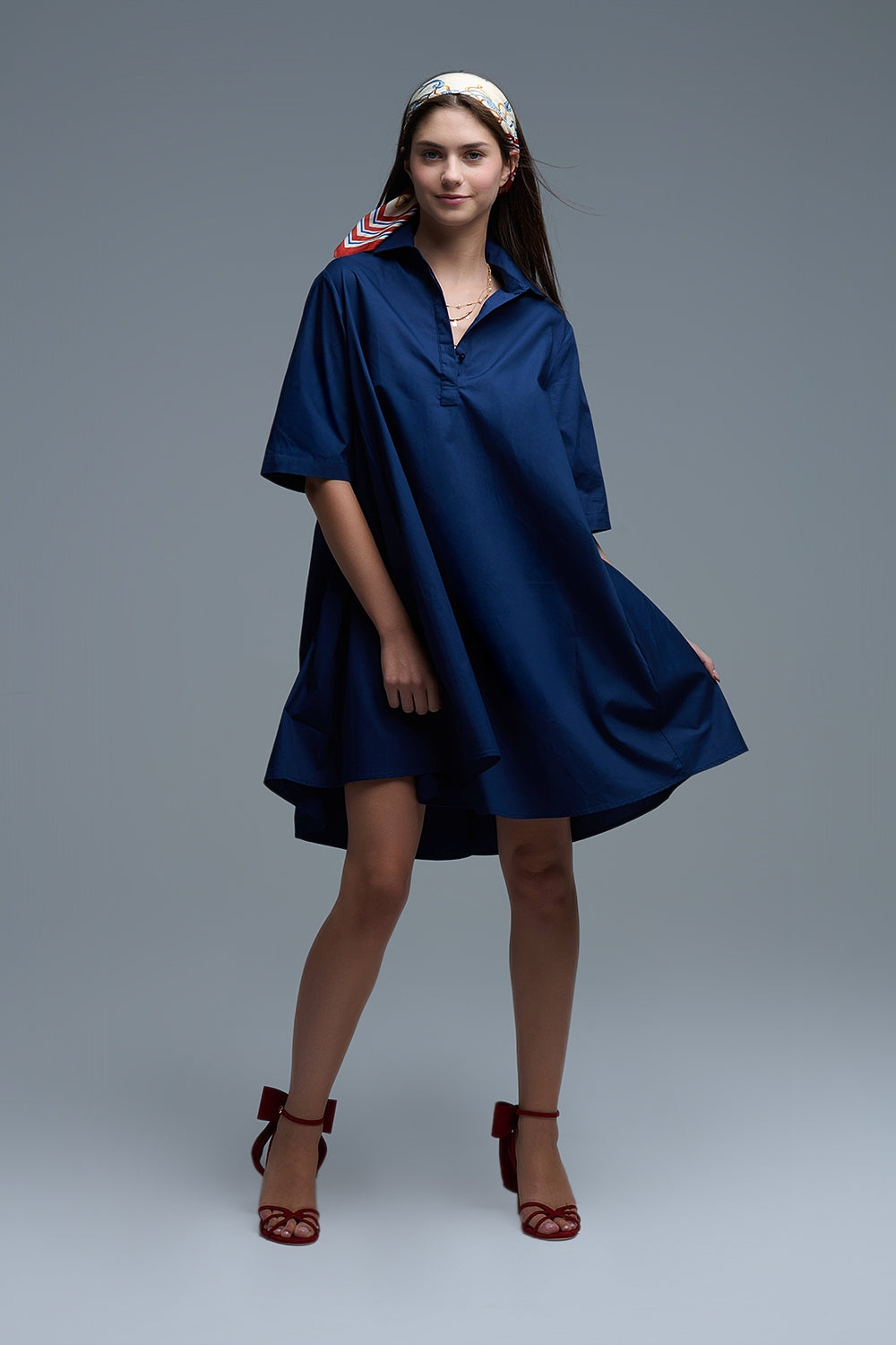Q2 Robe oversize en popeline à manches 3/4 marine