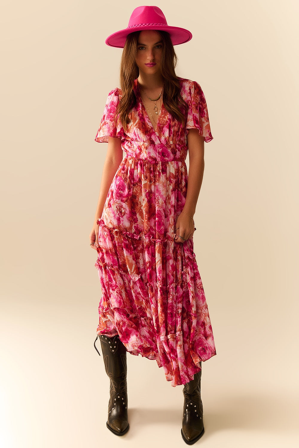 Q2 Robe Romantique Maxi à Étages avec Imprimé Floral en Chiffon Rose