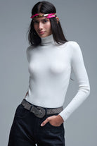 Q2 Rolled Turtle Neck Ribbed Sweater in White