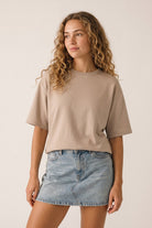 Q2 Sweat-shirt à manches courtes et col rond en coupe décontractée couleur beige
