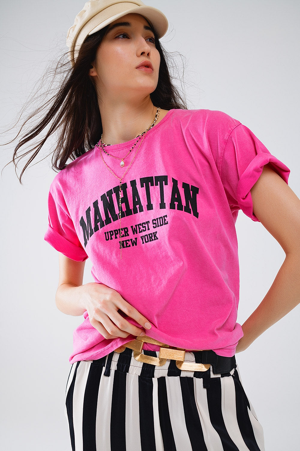 T-shirt à manches courtes avec texte graphique Manhattan en rose 